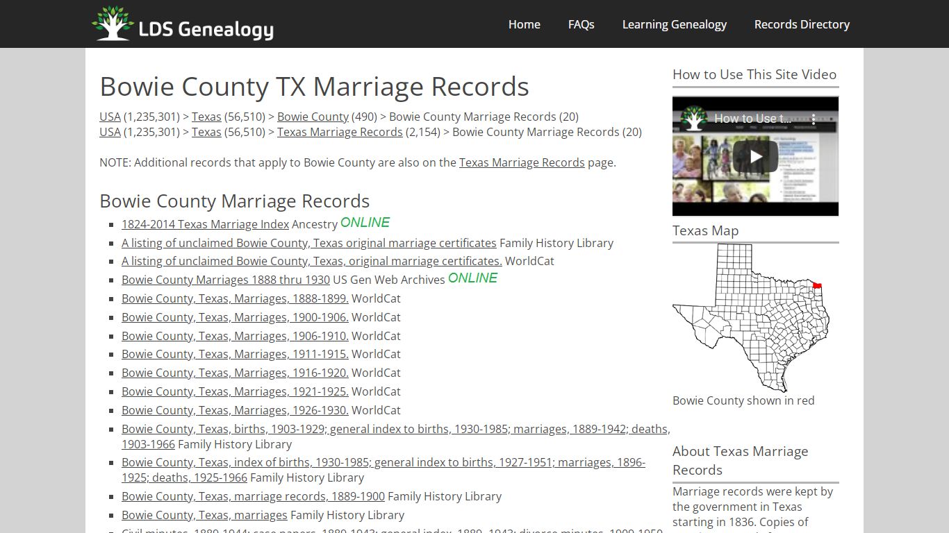 Bowie County TX Marriage Records - LDS Genealogy